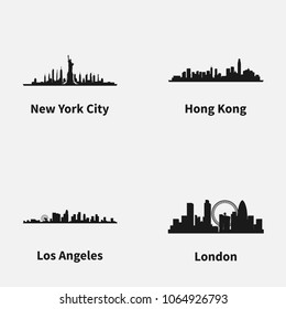 Set of best known cities skyline silhouette flat vector icons. New York, Hong Kong, Los Angeles and London cityscapes.