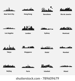 Conjunto de ciudades más conocidas silueta plana de silueta plana vectorial iconos