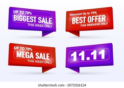 Set Best offer 3D sale banner for promotion and discount, marketing. Biggest Sale, Mega Discount Up to 70%. This weekend only 11.11. Web button, modern design. 