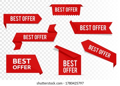 Set best offer tags, vector labels and badges isolated on transparent background. Flat modern banners for advertising. Stock illustration