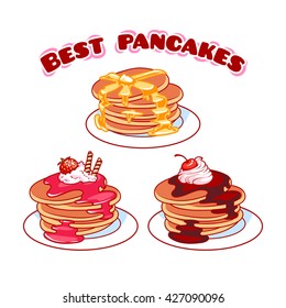 Set of best pancakes with different toppings. Vector illustration isolated on a white background.