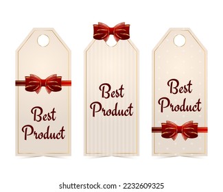 Set of best product tags with golden border and red silk bow. Vintage style