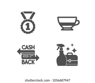 Set of Best rank, Bombon coffee and Cashback card icons. Cleanser spray sign. Success medal, Cafe bombon, Money payment. Washing liquid.  Quality design elements. Classic style. Vector