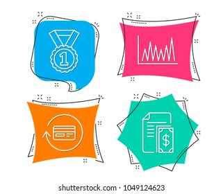 Set of Best rank, Line graph and Refund commission icons. Payment sign. Success medal, Market diagram, Cashback card. Cash money.  Flat geometric colored tags. Vivid banners. Trendy graphic design