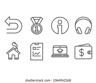 Set of Best rank, Website education and Report document icons. Headphones, Undo and Dollar wallet signs. Success medal, Video learning, Statistics file. Music listening device, Left turn, Cash money