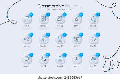 Set of Best result, Bike and Open door line icons for web app. Truck delivery, Brand ambassador, Air balloon icons. No microphone, Clapping hands, Report signs. Award cup, Arena stadium. Vector