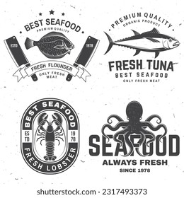 Set of best seafood badges. Fresh lobster, octopus, alaska sole or flounder, tuna. Vector illustration. For seafood emblem, sign, patch, shirt, menu restaurants, fish markets, stores with lobster