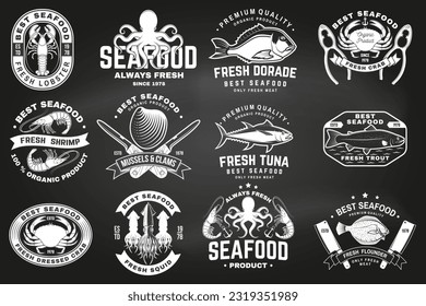 Set of best seafood badges. Fresh tuna, octopus, trout, shrimp, dressed crab, mussels and clams. Vector. For seafood emblem, sign, patch, shirt, menu restaurants with tuna, trout, shrimp, octopus