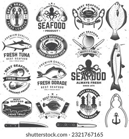 Set of best seafood badges. Fresh tuna, octopus, trout, shrimp, dressed crab, mussels and clams. Vector. For seafood emblem, sign, patch, shirt, menu restaurants with tuna, trout, shrimp, octopus