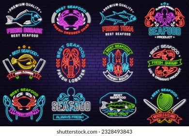 Set of best seafood neon sign. Fresh tuna, octopus, trout, shrimp, dressed crab, mussels and clams. Vector. Neon sign, bright signboard light banner with tuna, trout, shrimp, octopus crab mussels and