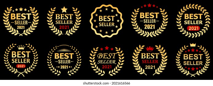 Set Best Seller 2021 Award Label Icon Design With Gold Laurel Wreath, Best Seller Badge Logo Isolated - Stock Vector