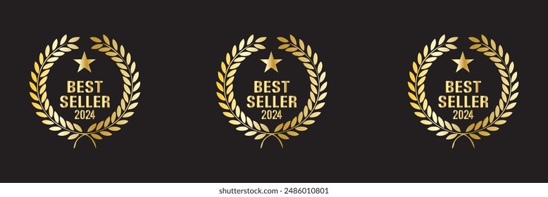 Set best seller 2024 award label icon design with gold laurel wreath, best seller badge logo isolated - stock vector