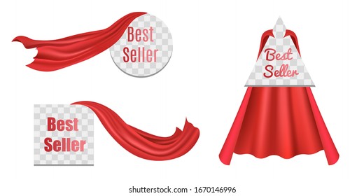 Set of Best Seller badge or label with red superhero cloaks or capes, realistic vector illustration isolated on transparent background. Best employee award mark.