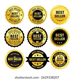 Set of Best Seller Badges - Premium Gold and Black Label Collection with Ribbon and Seal Design for Product Promotion and Marketing