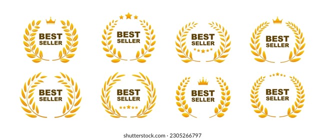 Set of best seller icon design with wreath laurel. Best seller badge logo design. Gold logo design with wreath laurel. Symbol of victory, achievement, honor, quality product, or success