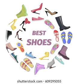 Set of best shoes for man and woman flat design. Vector illustration of black rubber boots or gumboots, low shoes, high-heeled shoes for women, flip flops, different sandals, gym shoes and sneakers.