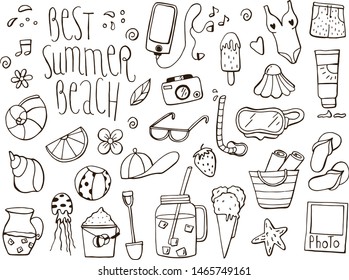 Set of best summer beach icon doodles. Hand drawn sketched. Vector Illustration.