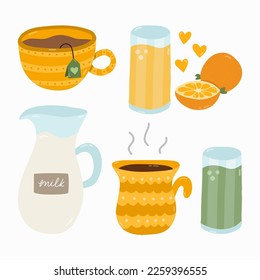 Set of beverage for breakfast. Different variations for drink: vegetarian, healthy. Popular products. Cup of tea with tea bag, coffee, milk in a graph, glass of freshly squeezed orange juice, smoothie