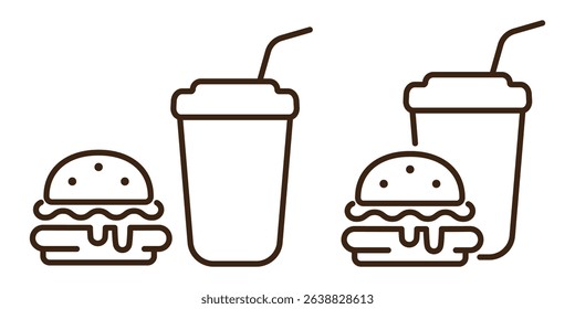  Set of Beverage and Burger linear icons. Set of two fast food line icons on transparent background. Fast food line icons. Lunch with a drink and a burger. Simple lunch, cheeseburger, hamburger icons.