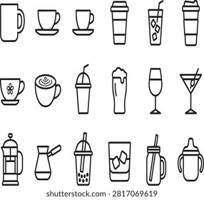 Set of beverage and coffee shop thin line vector icons with beverage cocktail espresso refreshment glassware caffeine restaurant cappuccino