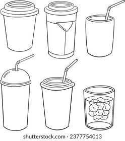 set of beverage cups, water bottle, cup of water, milkshake, juice, soda, illustration, line vector set 