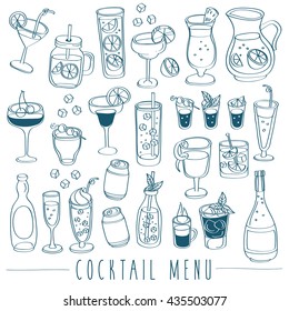 Set of Beverage Doodles : Cocktail Menu : Vector Illustration