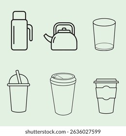 Set of Beverage and Drinkware Icons in Line Art Style