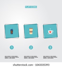 Set of beverage icons flat style symbols with iced drink, saucer, cappuccino to go and other icons for your web mobile app logo design.