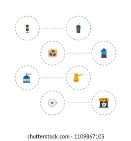 Set of beverage icons flat style symbols with mocha grinder, espresso dispenser, instant and other icons for your web mobile app logo design.