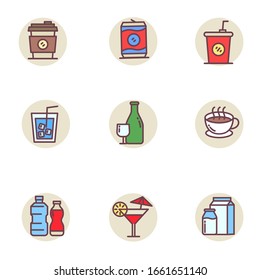 Set of beverage icons in linear color style. Beverages vector illustration in colorful design isolated on white background 