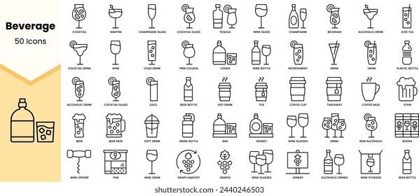 Set of beverage icons. Simple line art style icons pack. Vector illustration