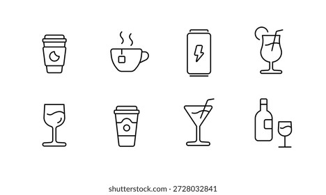 Satz von Getränkeliniensymbolen: Kaffee, Tee, Soda, Cocktails, Wein