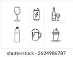 Set of Beverage Line Icons – Wine, Soda Can, Water Bottle, Beer Mug, Cocktail, and Juice in Minimal Style