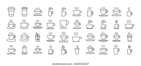 Set of Beverage Related Line Icons. Cup Outline Signs for Graphic and Web Design, Apps, Adverts, Various Cards 