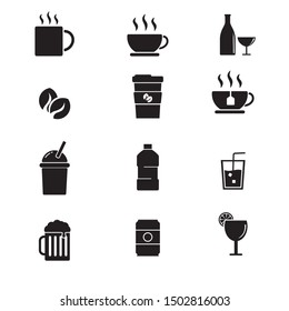 Set of beverage related vector illustration with simple silhouette design. Beverage icons