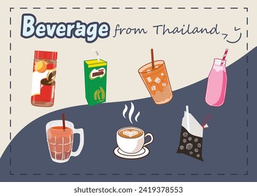 Set of beverage Thai, Ovaltine jar, Milo drink, iced Thai milk tea, pink milk(Nomyen), black Thai tea(Chadamyen), Hot coffee cup, black coffee