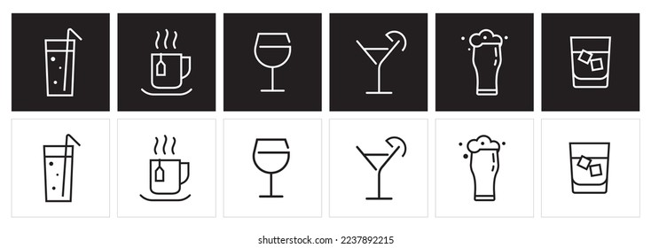 A set of beverage-related icon illustrations. Black and white linear vector icons. Drink and beverage pictograms. 