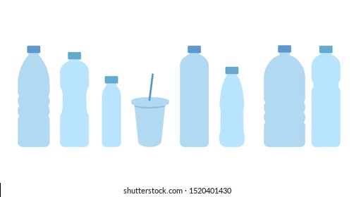 Set of Beverages bottles water. Vector icon. Blue plastic bottles and disposable plastic Cup with a tube.