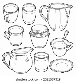 Set of beverages cartoon hand drawn objects. Vector line art illustration. 