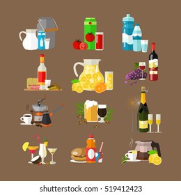 Set of beverages concept icons, design templates. Hot and cold drinks, soft and alcoholic drinks. Vector illustration in flat style.