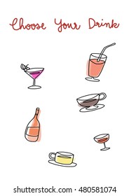 Set of beverages. Drink menu. vector illustration.