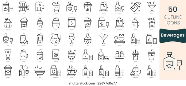 Juego de iconos de bebidas. Iconos de estilo lineal delgado Empaquetar. Ilustración vectorial