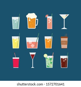 Set of beverages including beer, martini, wine, mojito, soda, coffee, cocktails flat vector icons isolated on a dark background.