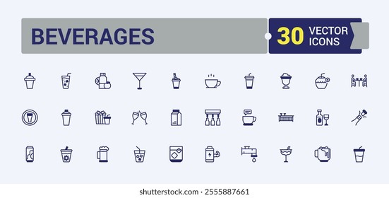 Set of Beverages line icons. It contains symbols to bar, drink, drinks, beverages, champagne, juice, party, coffee. Thin outline icons pack. Editable vector outline and solid icons.