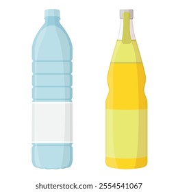 Set of beverages plastic bottles fresh water and orange juice. Vector 