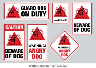 Conjunto de cuidado com o sinal do cão. Aviso. Alerta. Perigo. Cão de guarda. Assine com uma cabeça de cachorro brava. Elemento de design para cartaz, cartão, faixa, sinal, emblema. Ilustração vetorial Eps 10.