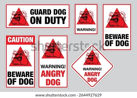 Set of beware of the dog sign. Warning. Alert. Danger. Guard dog. Sign with with angry dog head. Design element for poster, card, banner, sign, emblem. Eps 10 vector illustration.