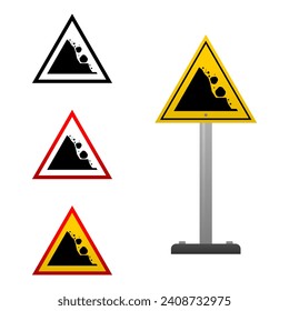 Tenga cuidado con el diseño vectorial del icono de la barra de señales de advertencia de desastres naturales de rockfall mountain hill