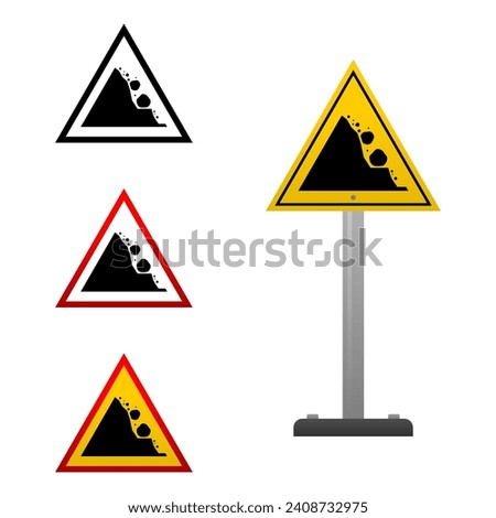 Set beware of rockfall mountain hill landslide natural disaster warning sign pole icon vector design