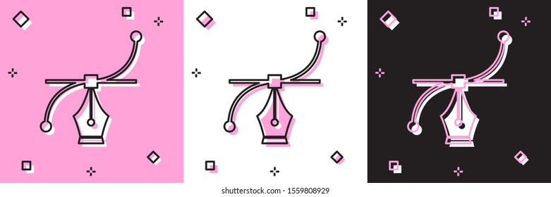 Set Bezier curve icon isolated on pink and white, black background. Pen tool icon.  Vector Illustration